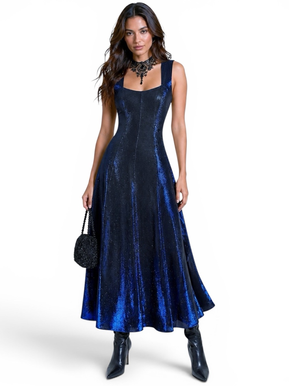 Vintage 90s Blue Black Lurex Maxi Dress Whimsigoth Prom Gothic Formal‎ Gown M